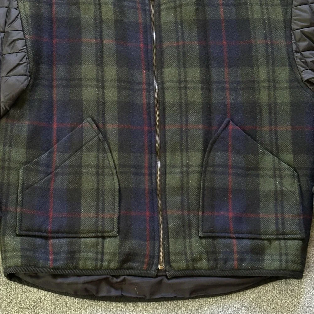 French Connection Jacket Men XL Green Tartan Plaid Wool Quilted Bomber Vintage